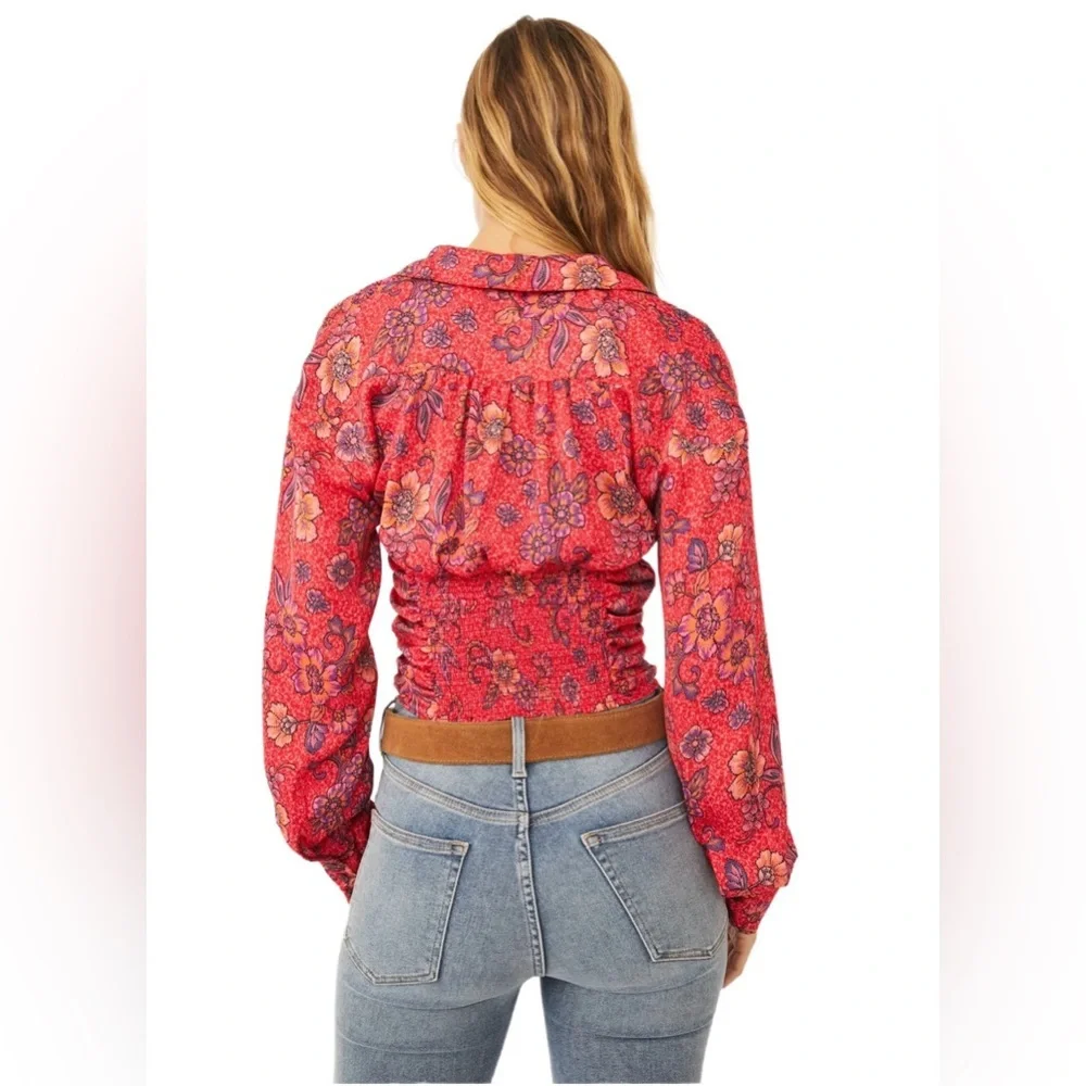 Free People “I got you” Long sleeve collared floral print blouse in “ruby combo” - Picture 3 of 10